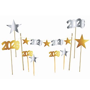 Kit Decorativo de Mesa ou Bolo Reveillon 2026 - 12 Un