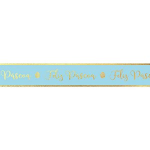 Fita Decorativa Cetim com Hot Stamping Feliz Páscoa Azul Celeste 15mmx10m - 3 Un