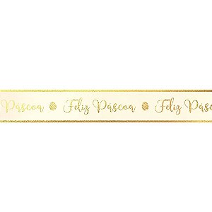 Fita Decorativa Cetim com Hot Stamping Feliz Páscoa Marfim 21,5mmx10m - 3 Un