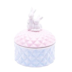 Pote com Tampa Cerâmica com Coelho Azul e Branco 14x11x11cm - 2 Un