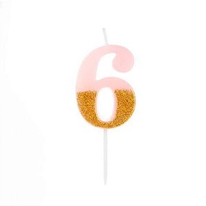 Vela Rosa Candy com Dourado Número 6 - VMR06