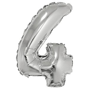 Balão Met. c/ Canudo 16" Prateado Número 4 - Silver Plastic - 1 un