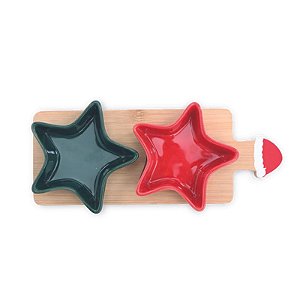 Prato Estrela com Bandeja Marrom Vermelho Preto - Kit com 3 Peças