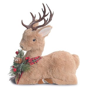 Rena Decorativa Deitada com Arranjo Marrom Verde Vermelho 27cm - 1 Un