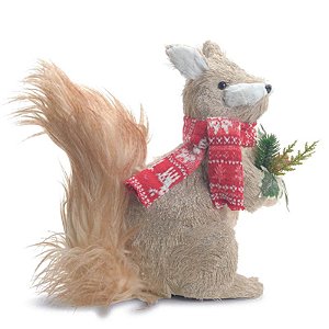 Esquilo  Decorativo com Folha e Fruta  Marrom  Verde Vermelho  32cm   - 1 Un