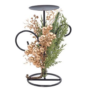 Porta Vela Folhas e Frutas Verde Ouro 25cm - 1 Un