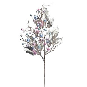 Galho Grande com Bolas/Folhas Prata Azul Rosa 65cm - 1 Un
