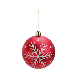 Bola Lisa com Floco de Neve Vermelho Branco 10cm - Jogo com 4 Peças