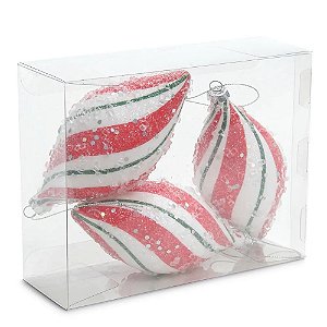 Enfeite Pendurar Pino Listrado Branco Vermelho Verde 13cm - Jogo com 2 Peças
