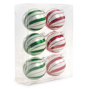 Bola Vidro Candy Branco Vermelho Verde 8cm - Jogo com 6 Peças