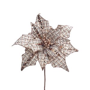 Poinsétia Xadrez com Paetê Cha Ouro 30cm - 1 Un