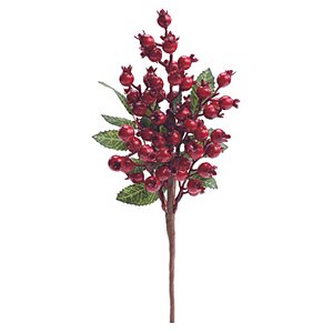 Galho Médio com Folhas e Frutas Vermelho Verde 30cm - 1 Un