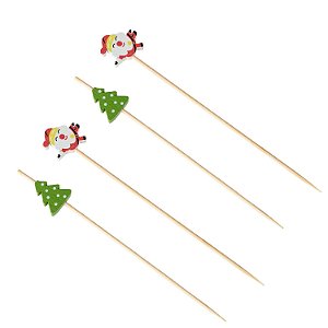 Palito em Bambu Para Petiscos 12cm Papai Noel e Árvore de Natal - 20 Un