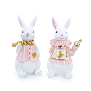 Casal Coelhos Decorativos Resina Branco e Rosa e Ouro (Petit Sweet) - 2 un