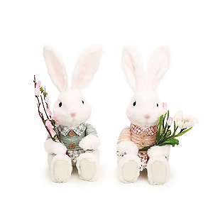 Casal Coelhos Decorativo Sentado Branco/Rosa/Verde (Belle Lapin) - 2 Un