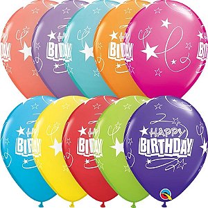 Balão Qualatex 11" - Qx Party Balloon Estampado - Birthday-Lacos Estrl - 6 Un