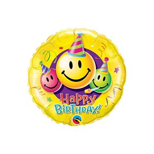Balão Qualatex 36" - Redondo - Birthday!-Carinhas Sorridentes - 1 Un