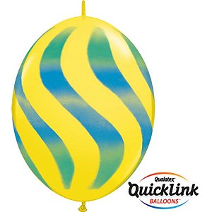 Balão Qualatex 12" - Q-Link Amarelo - Listras Onduladas Verdes E Azuis - 50 Un