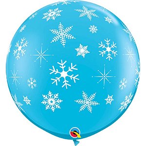 Balão Qualatex 3" - Redondo Azul Casca De Ovo - Flocos De Neve E Luzes - 2 Un