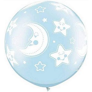Balão Qualatex 30" - Redondo Azul Claro Perolado - Lua E Estrelas Bebês A-R - 2 Un