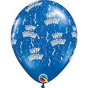 Balão Qualatex 11" - Redondo Azul Safira - Happy Birthday - 50 Un
