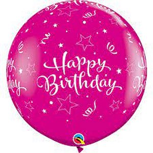 Balão Qualatex 3" - Redondo Cereja Intenso - Happy Birthday-Estrela A-R - 2 Un