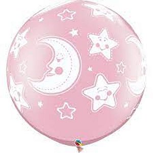 Balão Qualatex 30" - Redondo Rosa Perolado - Lua E Estrelas Bebês A-R - 2 Un