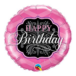 Balão Qualatex 09" - Redondo Solto - Happy Birthday-Rosa E Preto - 1 Un