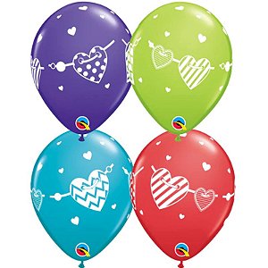 Balão Qualatex 11" - Redondo Sortido Especial - Bandeirolas Corações - 50 Un