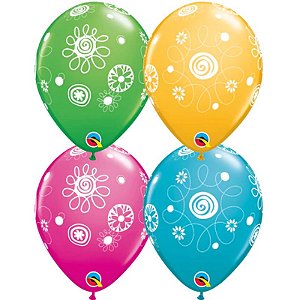Balão Qualatex 11" - Redondo Sortido Especial - Círculos De Rabiscos E Flores - 50 Un