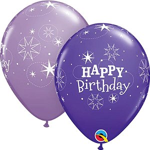 Balão Qualatex 11" - Redondo Violeta E Lilás - Happy Birthday-Brilho - 50 Un