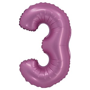 Balão Cromado com Canudo 16" Rosa Número 3 - Silver Plastic - 1 Un