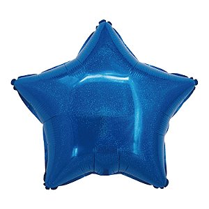Balão Holográfico Estrela com Canudo Azul 18" - Silver Plastic - 1 Unidade