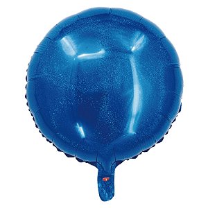 Balão Holográfico Redondo Com Canudo Azul 18" - Silver Plastic - 1 Unidade