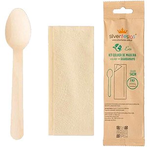Talher Madeira Natural Colher 14cm e Guardanapo - Kit com 20 Un