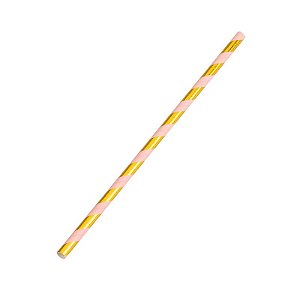 Canudo Papel Listrado Dourada com Rosa - 12 Un