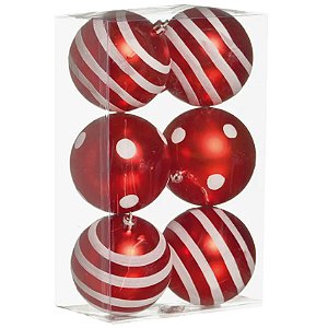 Bola de Natal Vermelho Branco 8cm - 6 Un