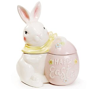 Coelho Decorativo de Cerâmica com Tampa Branco e Rosa 22x18x10,5cm - 1 Un