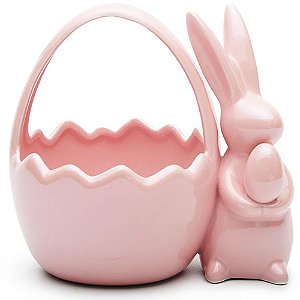 Cesta de Cerâmica com Coelho Rosa 15x16x12cm - 2 Un