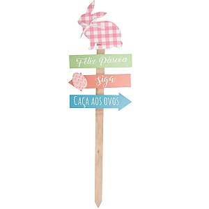 Placa Indicação de Madeira com Coelho 73x22cm Xadrez - 1 Un