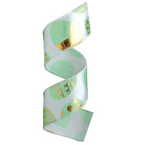 Fita Decorativa Cetim Estampado Ovos Verde/Ouro 3cmx9,14m - 1 Un
