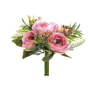 Flores Decorativas Permanentes - Ramalhete Ranúnculo 30cm Rosa Claro/Verde - 6 Ramalhetes