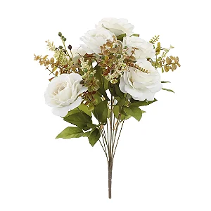 Flores Decorativas Permanentes - Buquê de Rosas X7 50cm Branco - 1 Buquê