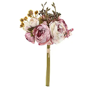 Flores Decorativas Permanentes - Buquê Misto Flores 32cm Rosa Velho/Rosa Chá/Verde - 6 Buquês