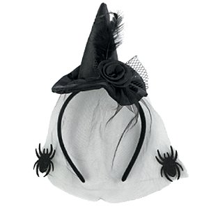 Tiara Chapéu de Bruxa com Véu e Aranhas - 1 Un