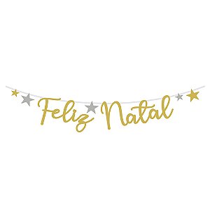Bandeirola Decorativo Escrita Feliz Natal Dourado 1,8 Metros - 1 Un