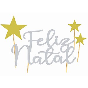 Topo de Bolo Decorativo Feliz Natal Prata e Dourado - 4 Un