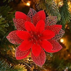 Flor Decorativa em Tecido com Glitter 15cm Vermelho - 1 Un