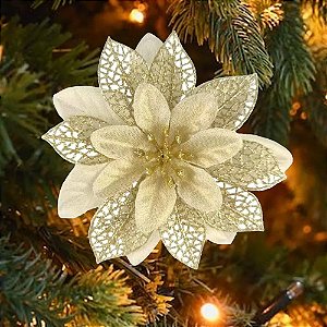Flor Decorativa em Tecido com Glitter 15cm Champanhe e Dourado - 1 Un