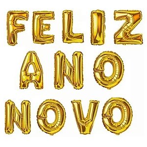Kit Balão Metalizado Feliz Ano Novo Dourado 16" 32cm